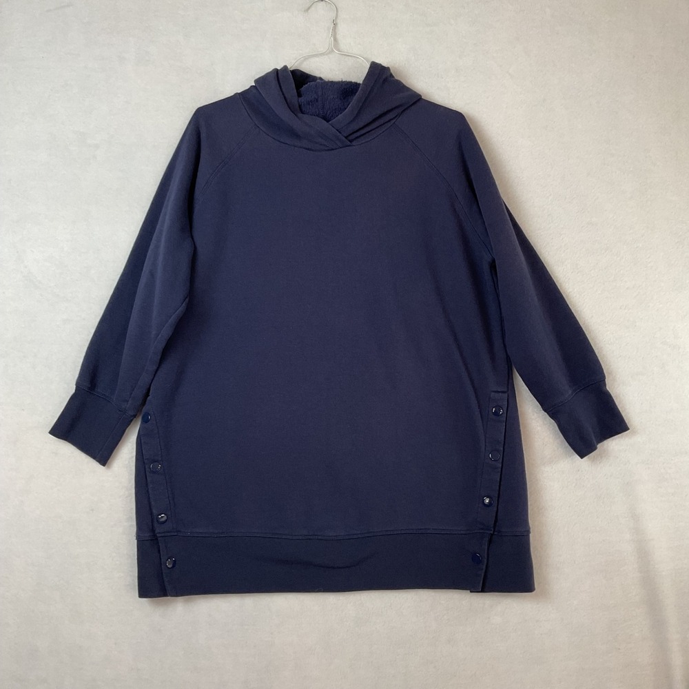 Woman Within Navy Blue Hooded Tunic Sweatshirt Side Snaps Fleece Lined M 14/16